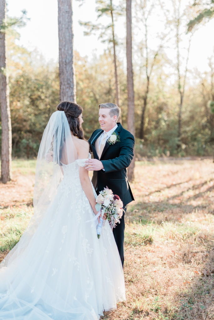 Blush Rose Gold Wedding Bride and Groom Portraits Fall Wedding Long Cathedral Veil | Sunset Oaks in Tyler TX by DFW Dallas Fort Worth wedding photographer Karina Danielle Photography