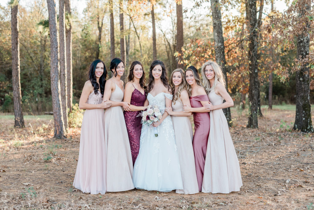 Blush Rose Gold Wine Wedding Bride and Bridesmaid Portraits Fall Wedding Ombre Mismatched Bridesmaids | Sunset Oaks in Tyler TX by DFW Dallas Fort Worth wedding photographer Karina Danielle Photography