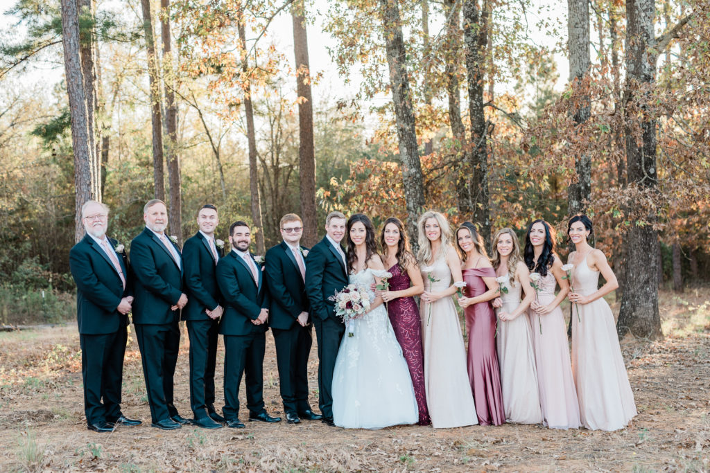 Blush Rose Gold Wine Wedding Bride Groom Bridesmaid Groomsmen Bridal Party Portraits Fall Wedding Ombre Mismatched Bridesmaids Black Suits | Sunset Oaks in Tyler TX by DFW Dallas Fort Worth wedding photographer Karina Danielle Photography