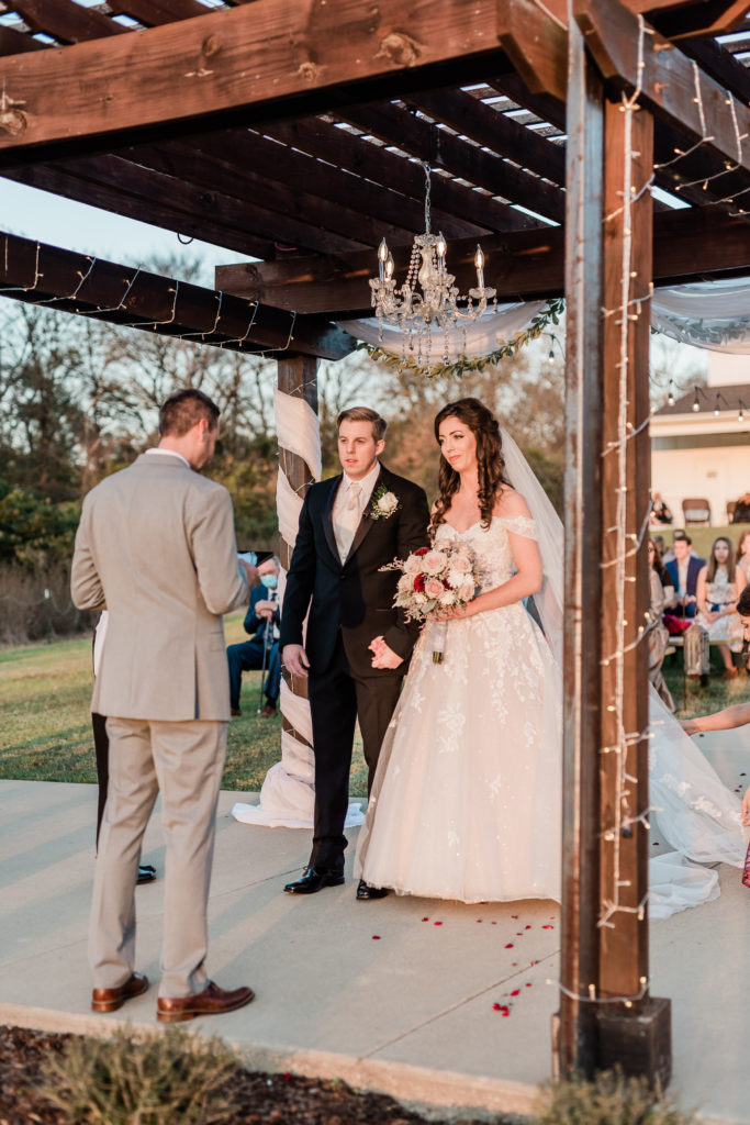 Blush Rose Gold Pink Wine Wedding Ceremony Bride and Groom Fall Wedding | Sunset Oaks in Tyler TX by DFW Dallas Fort Worth wedding photographer Karina Danielle Photography