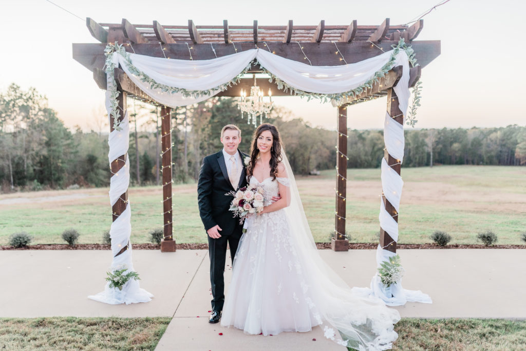 Wedding Ceremony Bride and Groom Portrait Fall Blush Rose Gold Pink Wine Wedding | Sunset Oaks in Tyler TX by DFW Dallas Fort Worth wedding photographer Karina Danielle Photography