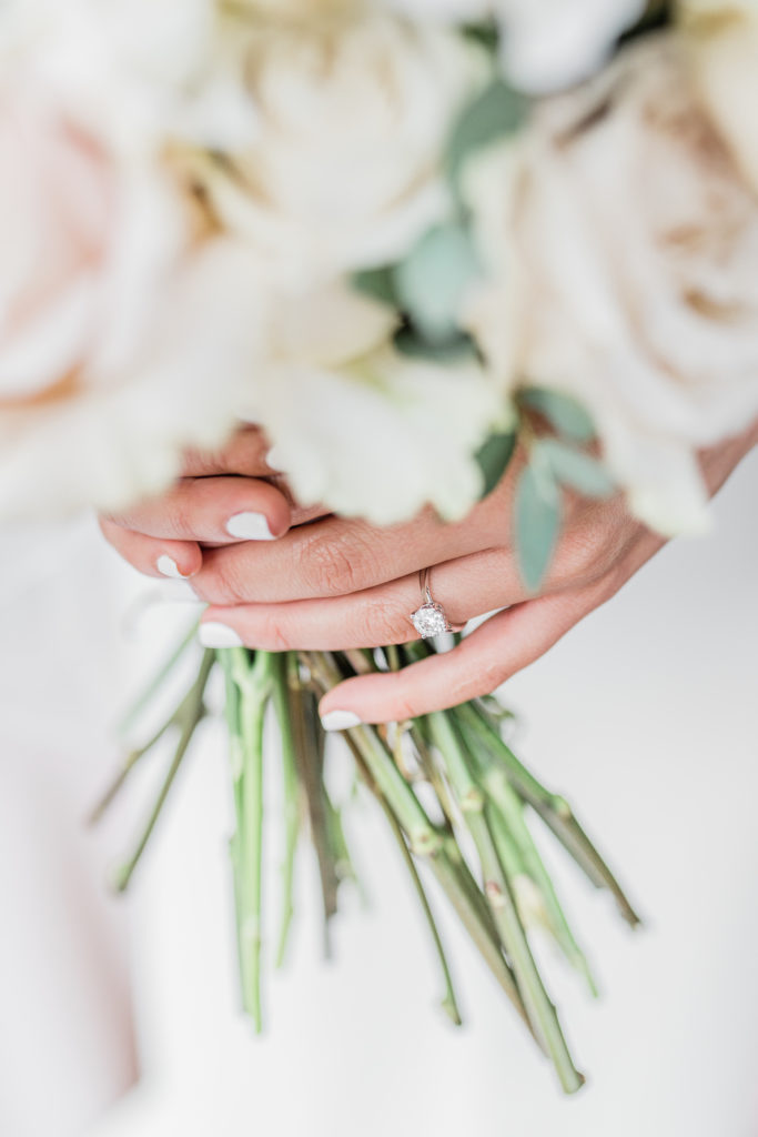 Diamond Engagement Ring Blush Rose Bouquet | The Springs in Rockwall Texas by DFW Dallas Fort Worth wedding photographer Karina Danielle Photography