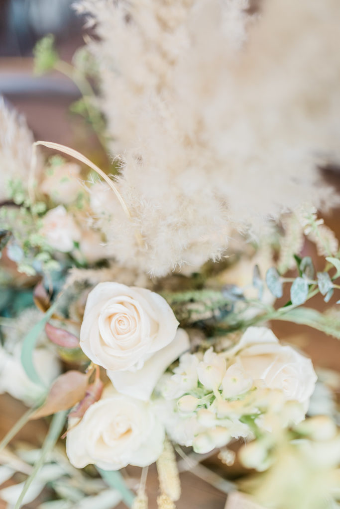 Reception Floral Decor Pampas Grass Ivory Roses Greenery | Stonehouse Villa in Driftwood TX by DFW Dallas Fort Worth wedding photographer Karina Danielle Photography