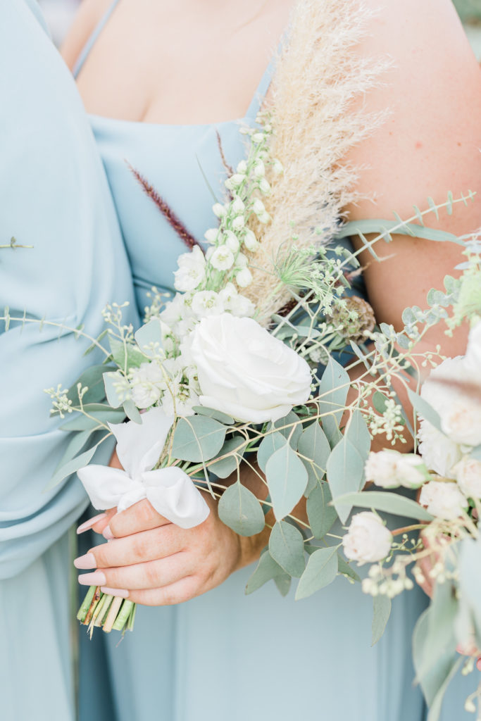 Bridesmaids Wedding Party Dusty Blue Dresses Pampas Grass Bouquet Boho | Stonehouse Villa in Driftwood TX by DFW Dallas Fort Worth wedding photographer Karina Danielle Photography