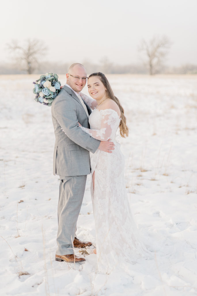 Snow Bride and Groom Portraits Wedding Dress | 4B Ranch in Alba TX by DFW Dallas Fort Worth wedding photographer Karina Danielle Photography