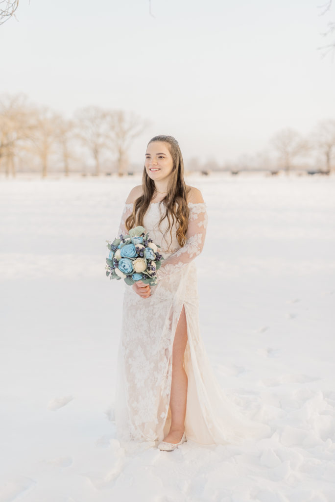 Snow Bride and Groom First Look Wedding Dress | 4B Ranch in Alba TX by DFW Dallas Fort Worth wedding photographer Karina Danielle Photography