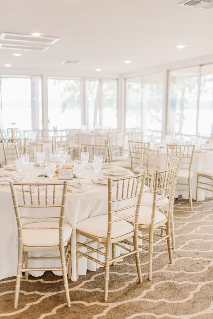 White and gold reception details at Lake Tyler Petroleum Club, Tyler TX.