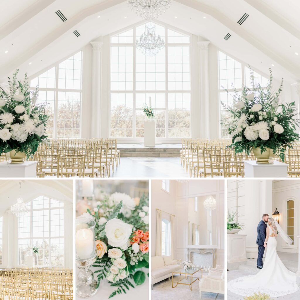 Collage of spaces at The Hillside Estate venue with white rose florals and gold accents. 