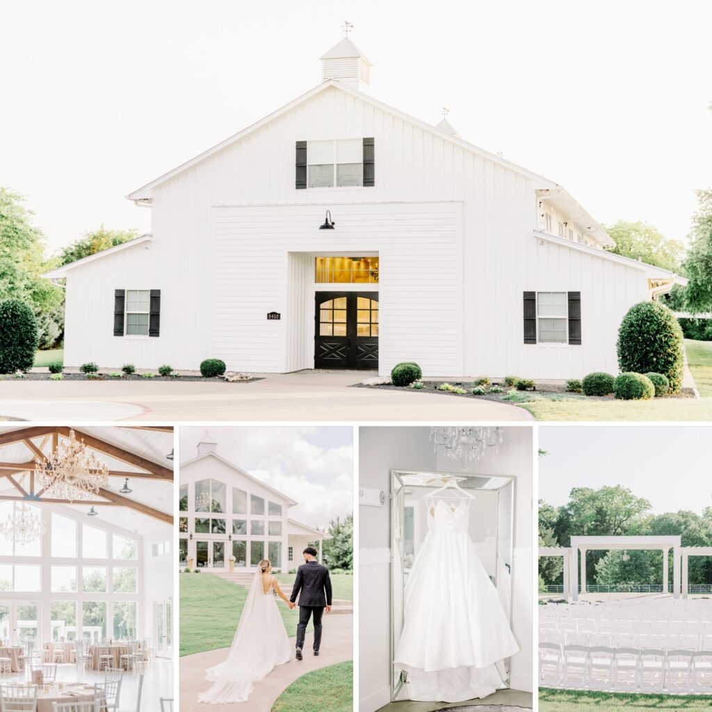 Collage of Firefly Gardens wedding photos, including image of front of venue, couple in wedding attire walking, a hanging wedding dress, and an outdoor ceremony setup with white chairs.