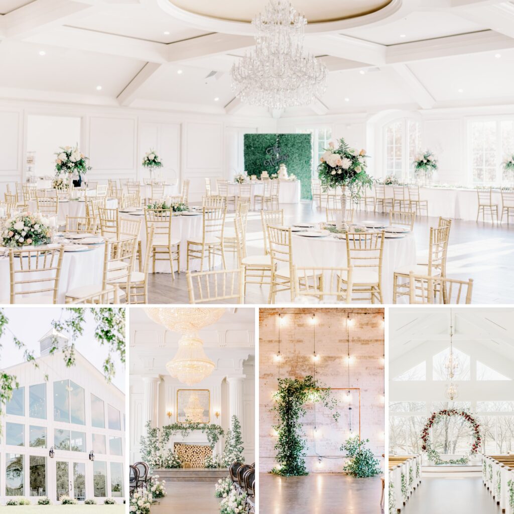 The Hillside Estate Dallas wedding venue with ivory tablecloths, tall floral arrangements and gold chairs.