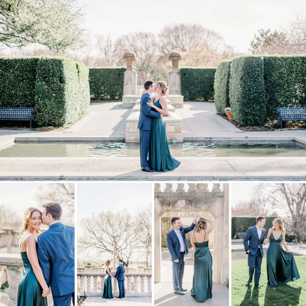 Collage of images of a couple interacting at the Dallas Arboretum for their engagement session.